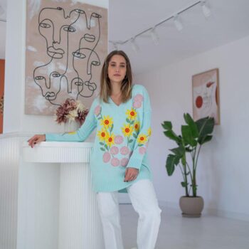 Jersey Con Bordado Floral - Azul