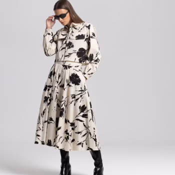 Falda Midi Beige Elegante Floreada Acampanada Cintura Alta