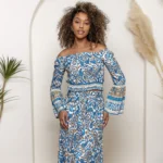 Conjunto boho paisley azul y dorado